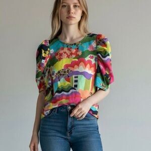 CROSBY by Mollie Burch M Puff Sleeve Blouse Abstract Artsy Luxury Preppy Modern
